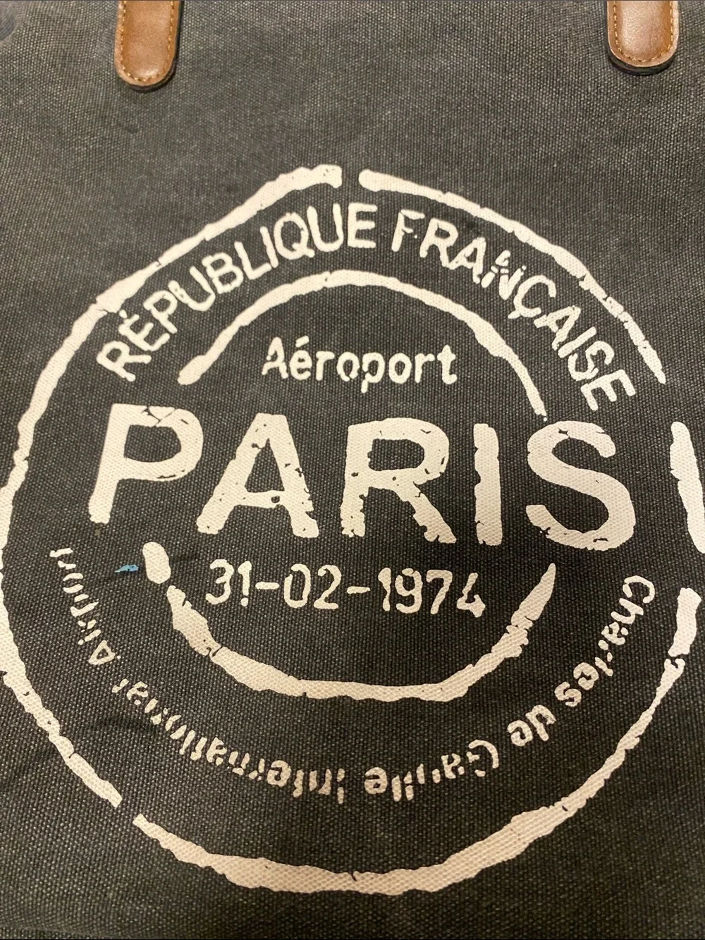 Paris Stamp light black Canvas Tote with Brown Handles and shoulder strap